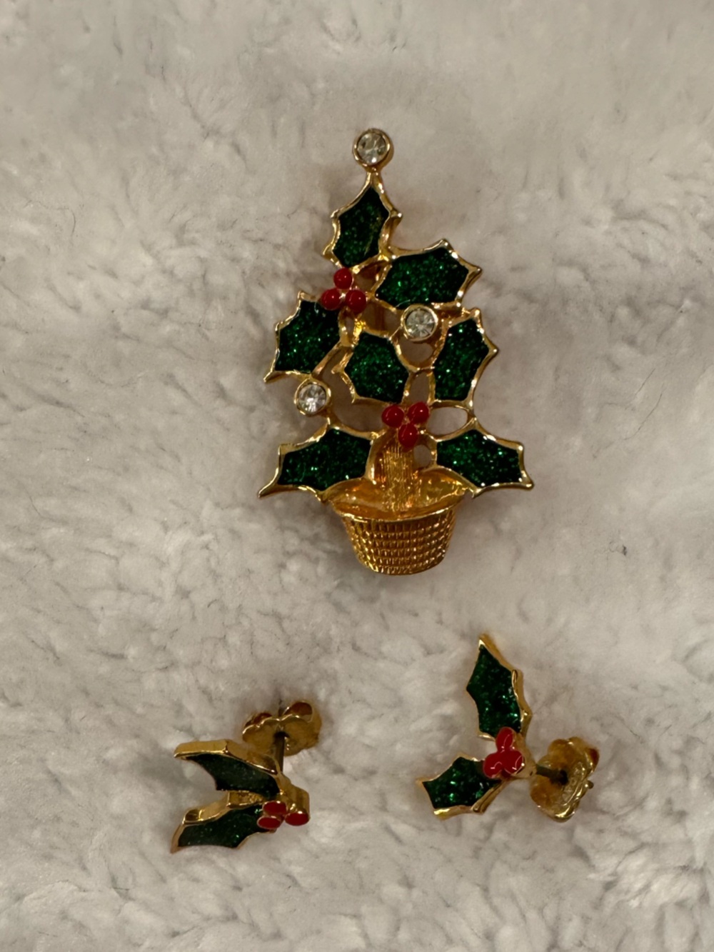 Holiday Holly Gold-Tone Earrings and Brooch Set - Green and Red